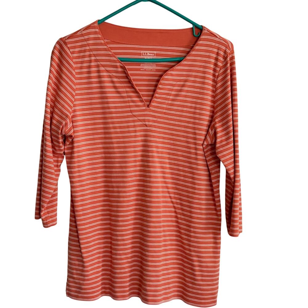 LL Bean Striped Split Neck Tunic M Orange Stripe White Top Shirt Coastal L.L.